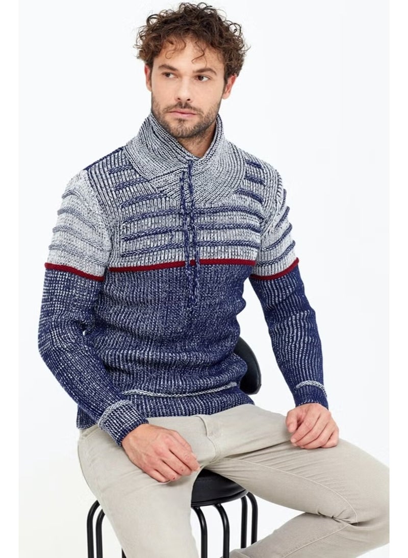 Cool Style Men's Grey-Navy Shawl Collar Chest Striped Knitwear Sweater